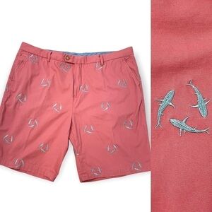 J.McLaughlin Mens Cotton Flat Front Shorts embroidered circling gray sharks S 42